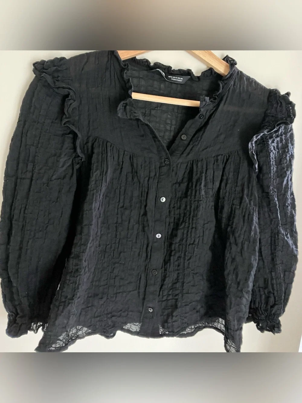 Zara Terez Black Sheer Ruffle Textured Button Front Blouse Boho Romantic Top